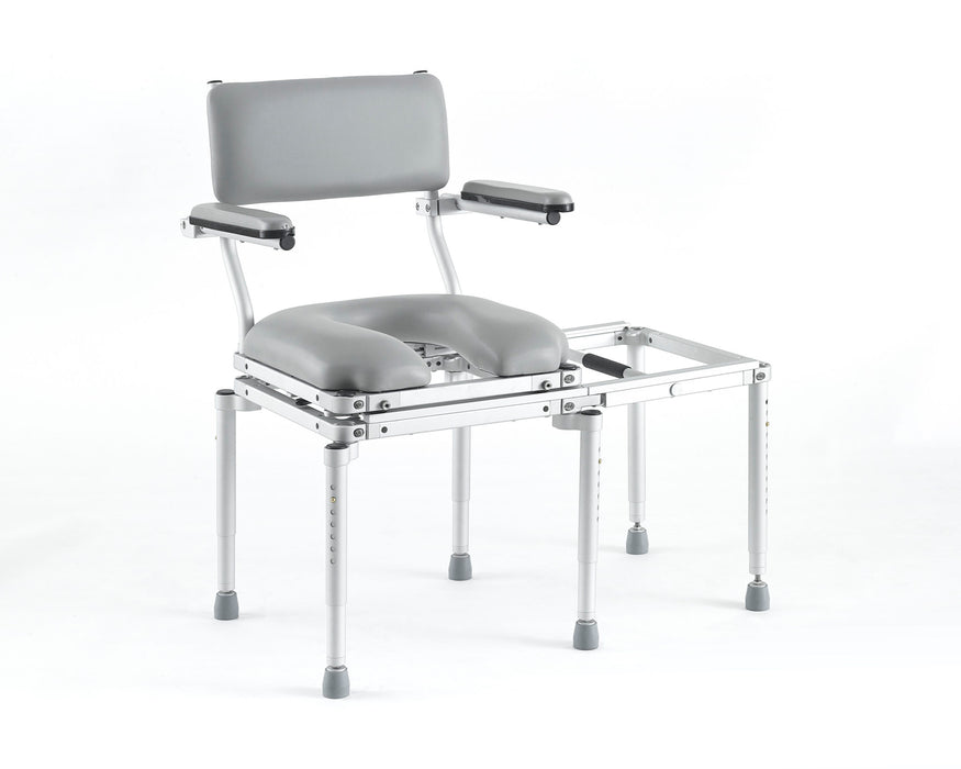 Nuprodx MC5100 Stationary Commode And Tub Transfer Slider Bench With Padded Backrest Flip Up Arms Cushion Seat And Removable Connector Bridge View