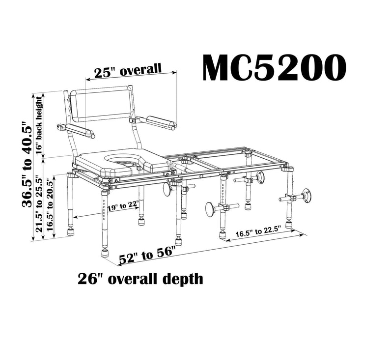 Nuprodx MC5200 Heavy Duty All in One Commode Shower Chair Transfer System Dimensions View