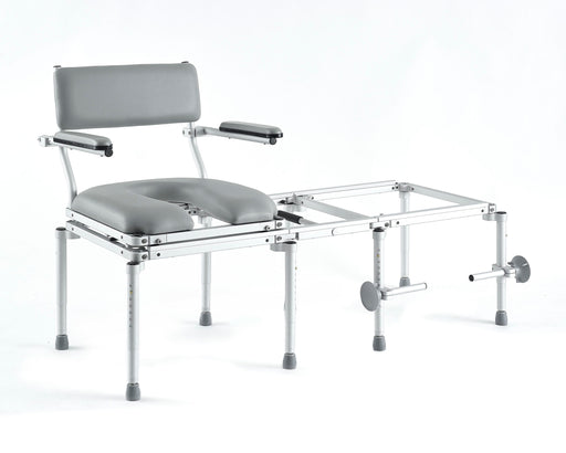 Nuprodx MC5200 Heavy Duty All in One Commode Shower Chair Transfer System With Padded Backrest Flip Up Arms Cushion Seat And Connector Bridge View