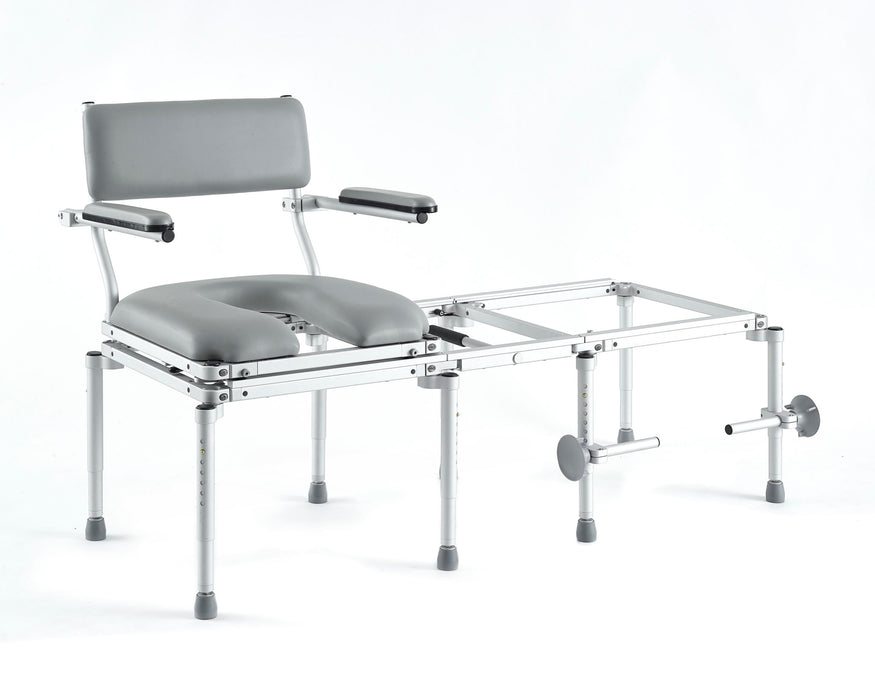 Nuprodx MC5200 Heavy Duty All in One Commode Shower Chair Transfer System With Padded Backrest Flip Up Arms Cushion Seat And Connector Bridge View