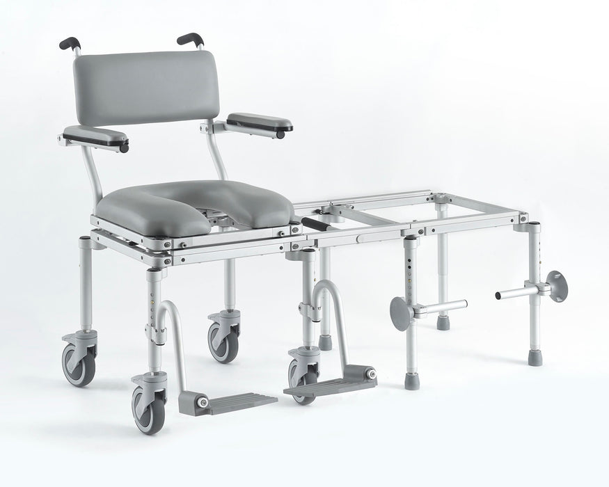 Nuprodx MC6000 Commode Tub Transfer System Mobility Chair With Padded Backrest Flip Up Cantilever Armrest Cushion Seat Swing Away Footrest And Caster Wheels With Tub Transfer System View