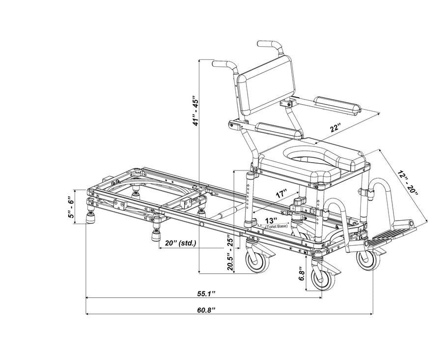 Nuprodx MC6000RS Commode Chair With Shower Access Slider System Dimensions View