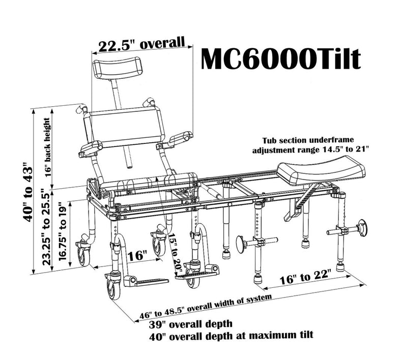 Nuprodx MC6000Tilt Tilt in Space Commode Tub Transfer System Mobility Chair Dimensions View