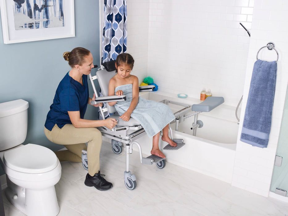 Nuprodx MC6000TiltPed Pediatric Tilt In Space Commode Tub Transfer System With Patient And Caregiver Unlock Chair To Slide View