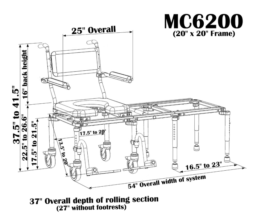 Nuprodx MC6200 Heavy Duty Commode Tub Slider System In Home Mobility Chair Dimensions View