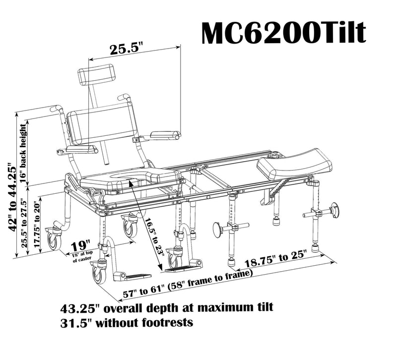 Nuprodx MC6200Tilt Larger Commode Mobility Chair Dimensions View