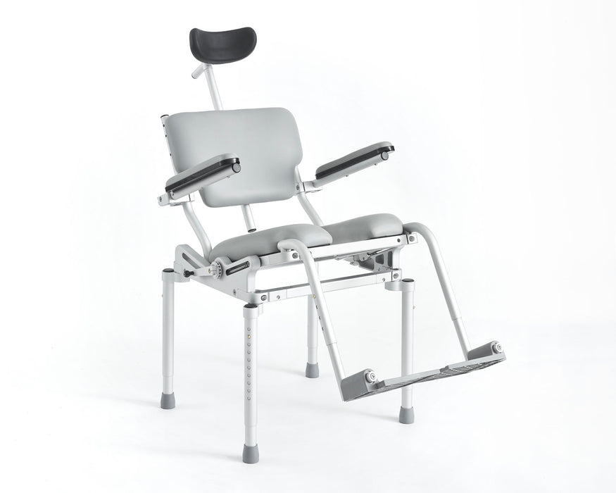 Nuprodx Multichair MC3000Tilt In Space Shower Commode Chair With Padded U Shaped Seat And Adjustable Legs In Tilted View