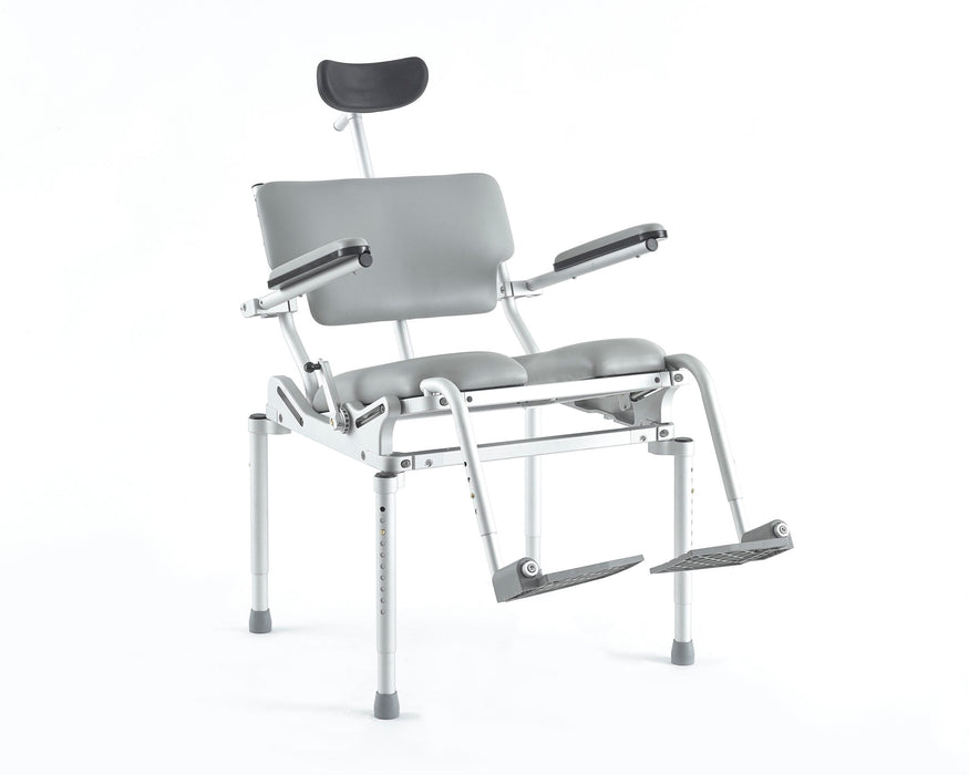 Nuprodx Multichair MC3200Tilt In Space Shower Commode Chair With Padded U Shaped Seat And Adjustable Legs In Tilted View