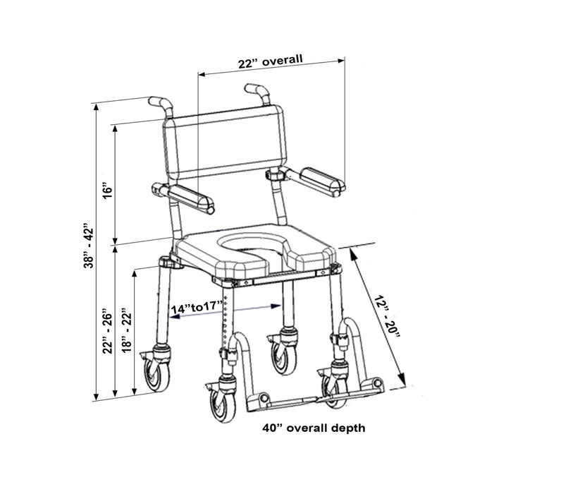 Nuprodx Multichair MC4000 Roll In Shower Commode Chair With Padded U Shaped Seat And Adjustable Legs Dimension View