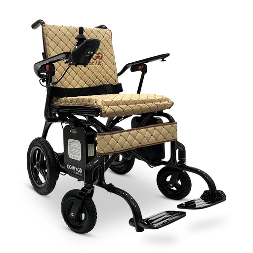 Coffee ComfyGO Phoenix Carbon Fiber Electric Wheelchair Lightweight, Foldable, and Airline-Approved for Travel with battery pack is visibly attached under the seat