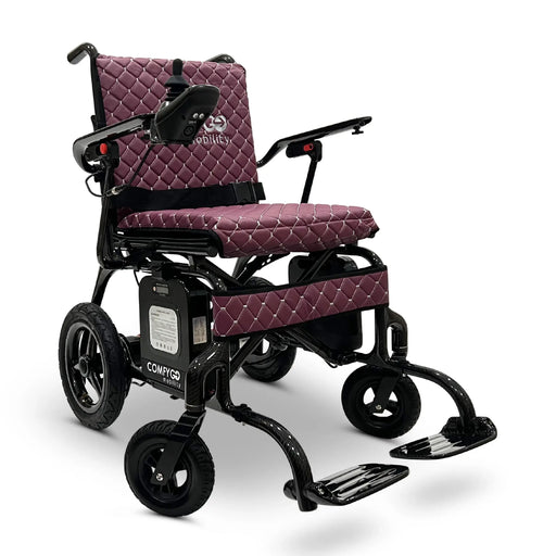 Purple ComfyGO Phoenix Carbon Fiber Electric Wheelchair Lightweight, Foldable, and Airline-Approved for Travel battery pack is visibly attached under the seat
