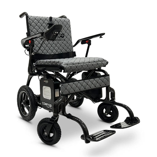 Gray ComfyGO Phoenix Carbon Fiber Electric Wheelchair Lightweight, Foldable, and Airline-Approved for Travel with sleek black frame with quilted gray cushioning