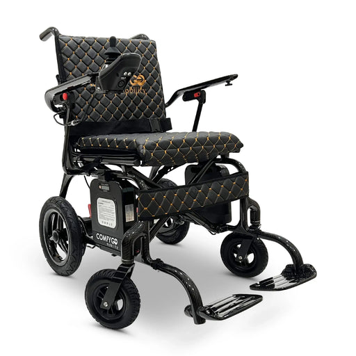 Black ComfyGO Phoenix Carbon Fiber Electric Wheelchair Lightweight, Foldable, and Airline-Approved for Travel with two armrests and joystick controller mounted on the right armrest