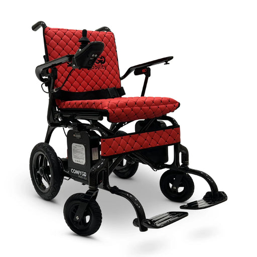 Red ComfyGo Phoenix Carbon Fiber Electric Wheelchair With Controller Joystick And Swing Away Footrest Side View