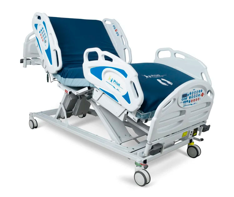 Prius Healthcare AI1 Expandable Low Hospital Bed With 600 Lb Capacity Integrated Scale And 3-Zone Bed Exit Alarm For Bariatric And Med-Surg Care Showing Bed Raised
