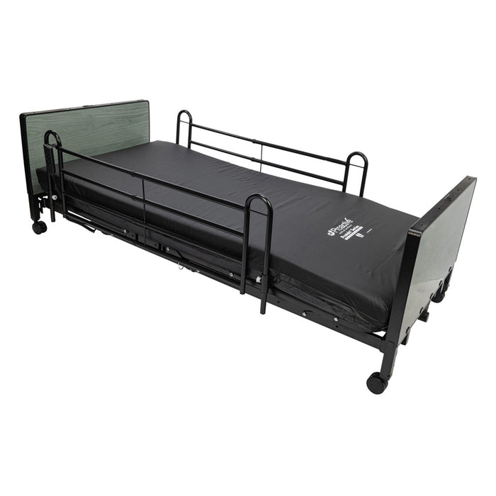 Proactive Medical Protekt Akra FE Full-Electric Low Bed Frame In Fully Flat Position With Full Bed Rails And Mattress.
