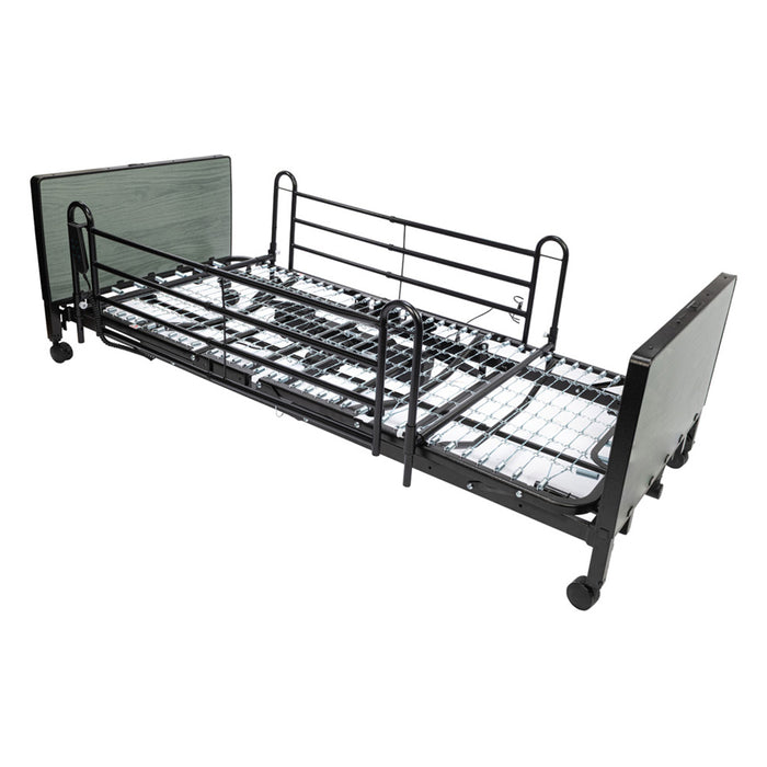 Proactive Medical Protekt Akra FE Full-Electric Low Bed Frame In Fully Flat Position With Full Bed Rails.