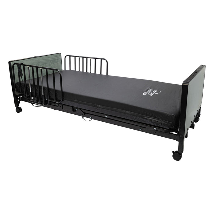 Proactive Medical Protekt Akra FE Full-Electric Low Bed Frame In Fully Flat Position With Half Bed Rails And Mattress.