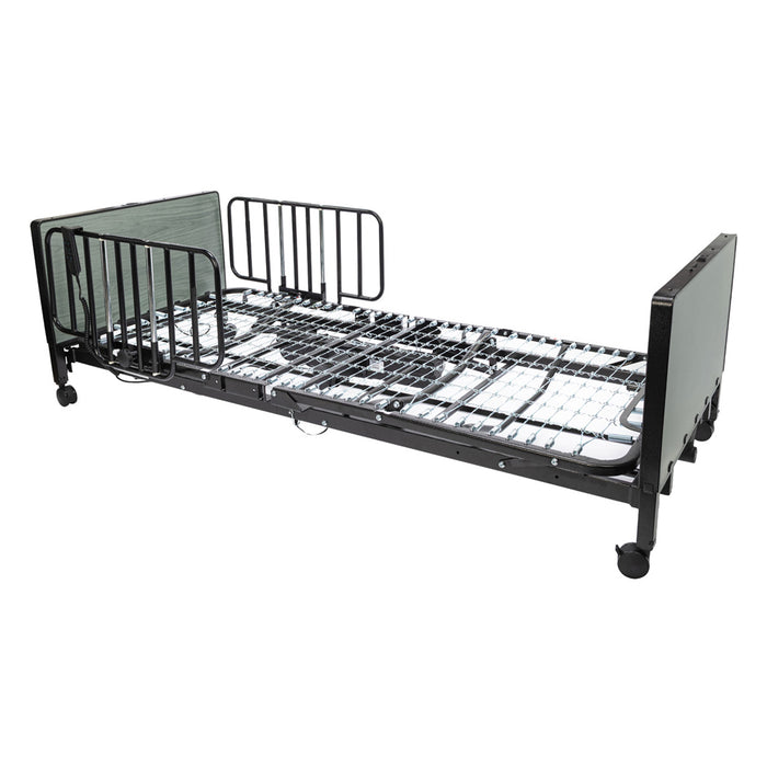 Proactive Medical Protekt Akra FE Full-Electric Low Bed Frame In Fully Flat Position With Half Bed Rails.