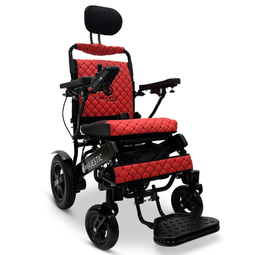 Red ComfyGO IQ-9000 AR Lightweight Electric Wheelchair Auto Recline, Comfort, and Airline-Approved Design, Stylish black frame color with remote control conveniently.