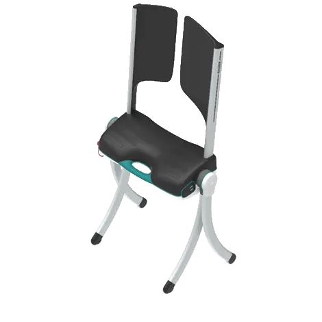 Product demonstration of the RizeUp Raizer II lifting chair highlighting its battery-operated mechanism and portable design.