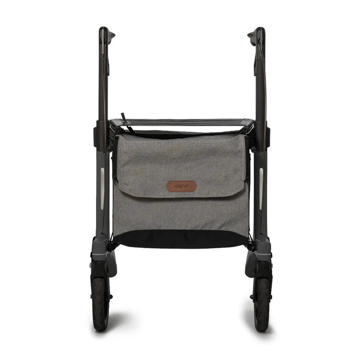 Rollz Air Carbon Rollator In Coal Black Showing A Straight Front Profile View With The Brand Logo.