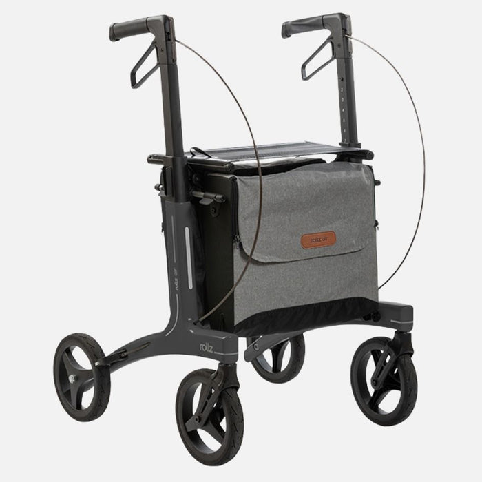 Rollz Air Carbon Rollator In Coal Black Showing A Front Side Profile View With The Brand Logo Visible.