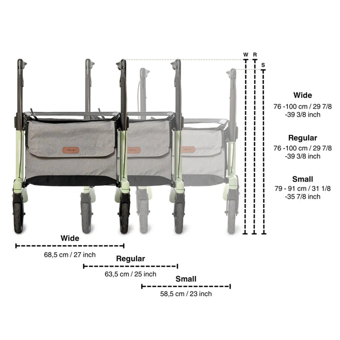 Rollz Air Carbon Rollator Diagram Detailing Product Dimensions From A Front View.