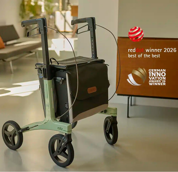 Rollz Air Carbon Rollator Displaying The Red Dot Design Award Winner 2026 Badge.