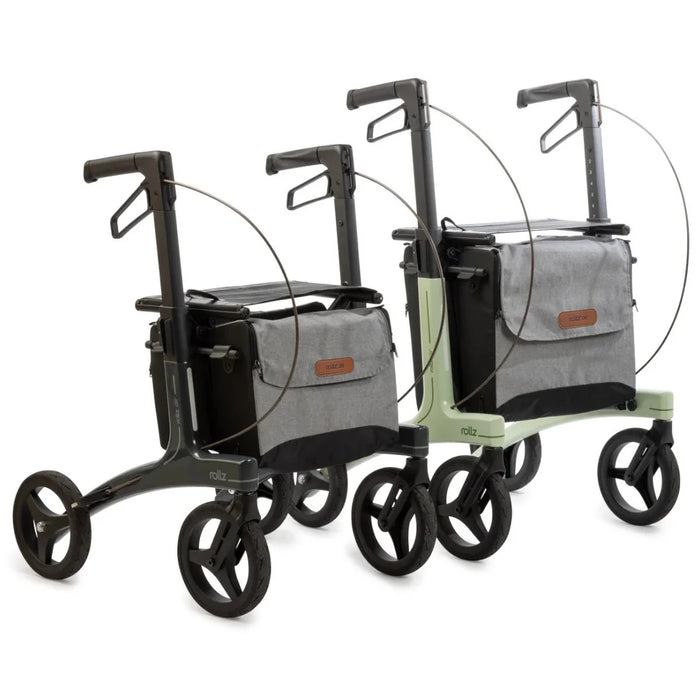 Rollz Air Carbon Rollator Models Showing Size Differences From Front And Side Profile Views.