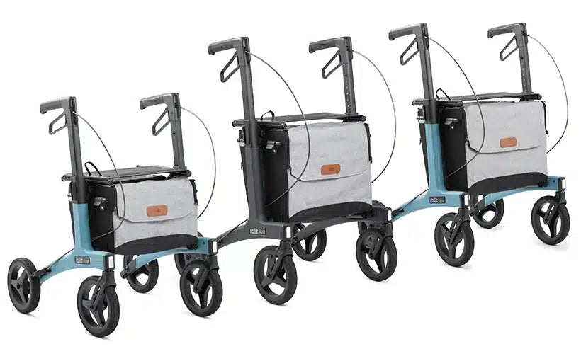 Rollz Flow Aluminum Walker Models Side By Side Illustrating Different Available Sizes.