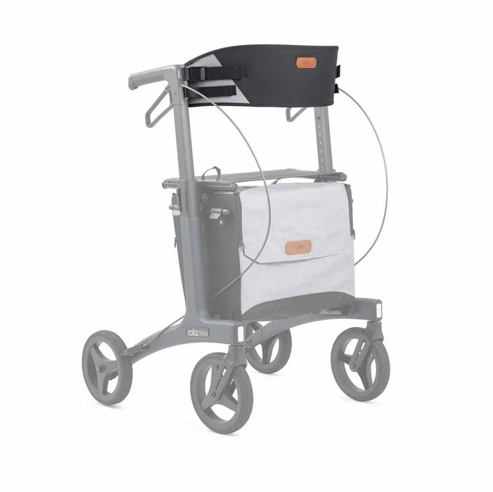 Rollz Flow Aluminum Walker In Granite Black Close Up View Of The Supportive Backrest.