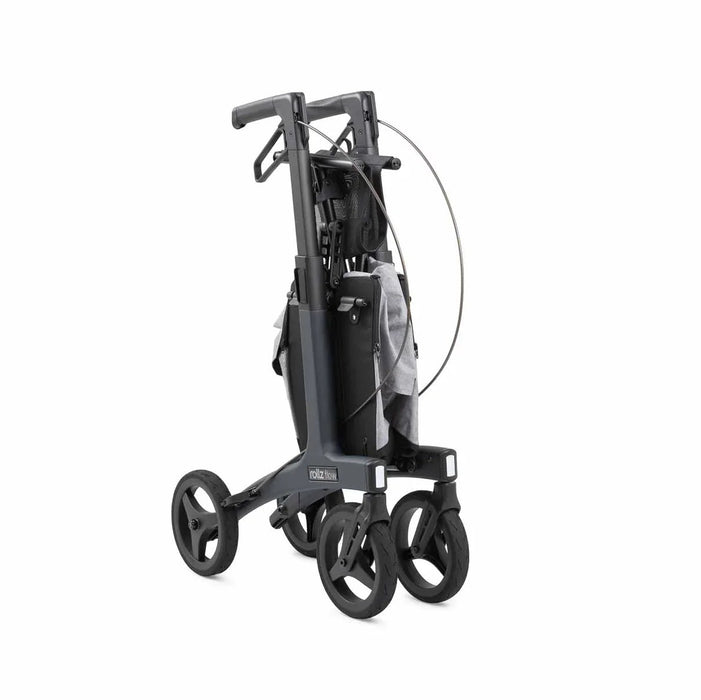 Rollz Flow Aluminum Walker In Granite Black Folded Compactly For Storage.