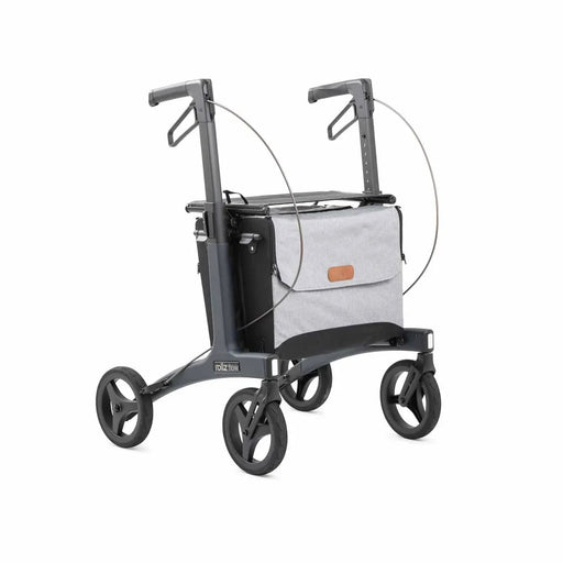 Rollz Flow Aluminum Walker In Granite Black Showing A Front Side Profile View.