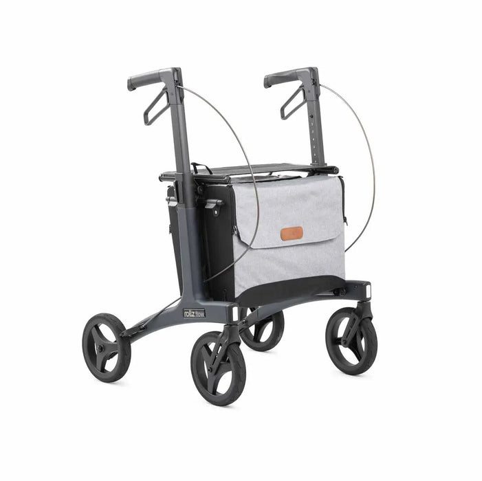 Rollz Flow Aluminum Walker In Granite Black Showing A Front Side Profile View.