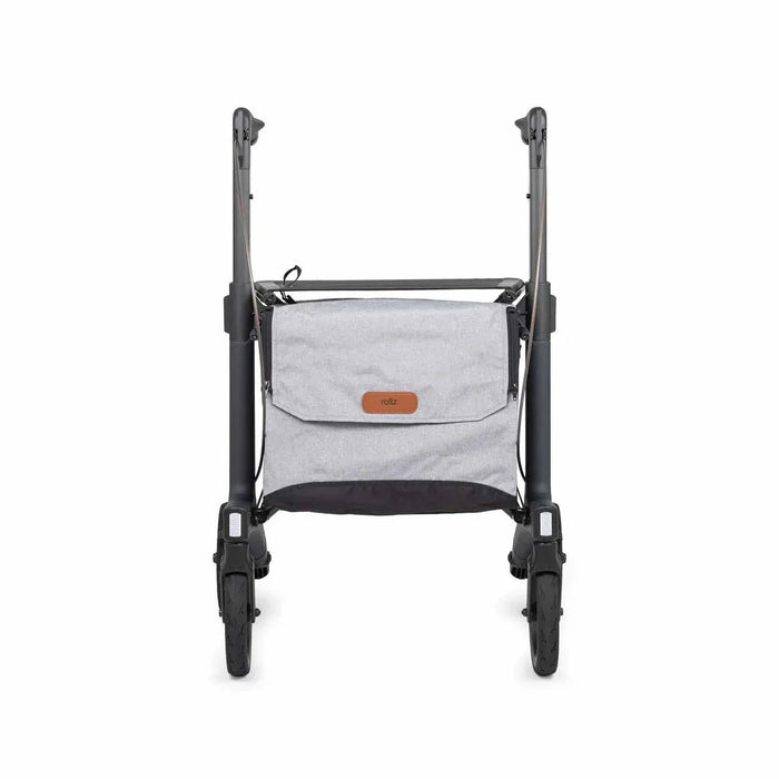 Rollz Flow Aluminum Walker In Granite Black Showing A Straight Front View.