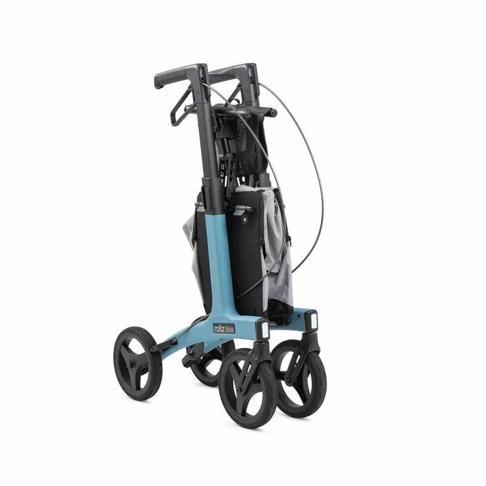 Rollz Flow Aluminum Walker In Ocean Blue Folded Compactly For Storage.