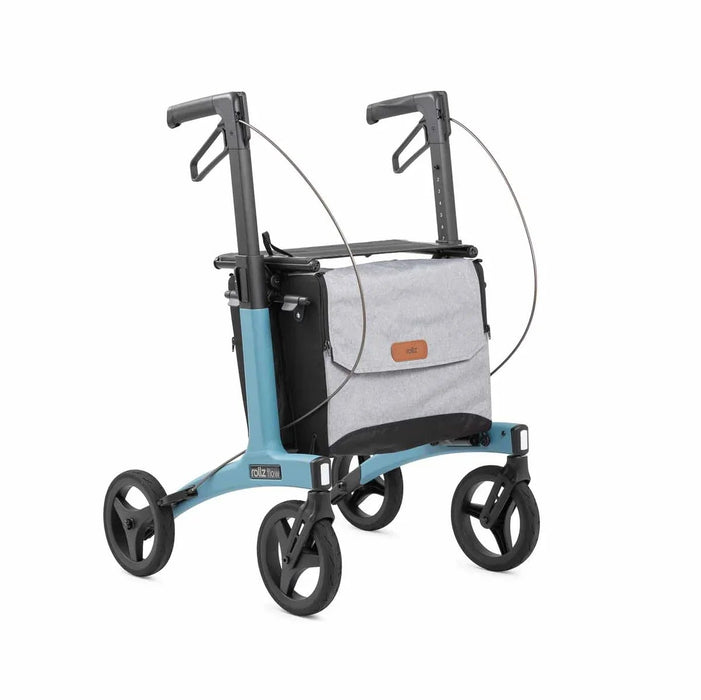 Rollz Flow Aluminum Walker In Ocean Blue Showing A Front Side Profile View.
