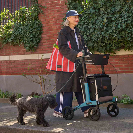 Rollz Flow Aluminum Walker In Ocean Blue Being Guided By A User Walking Their Dog Outside.