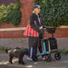 Rollz Flow Aluminum Walker In Ocean Blue Being Guided By A User Walking Their Dog Outside.