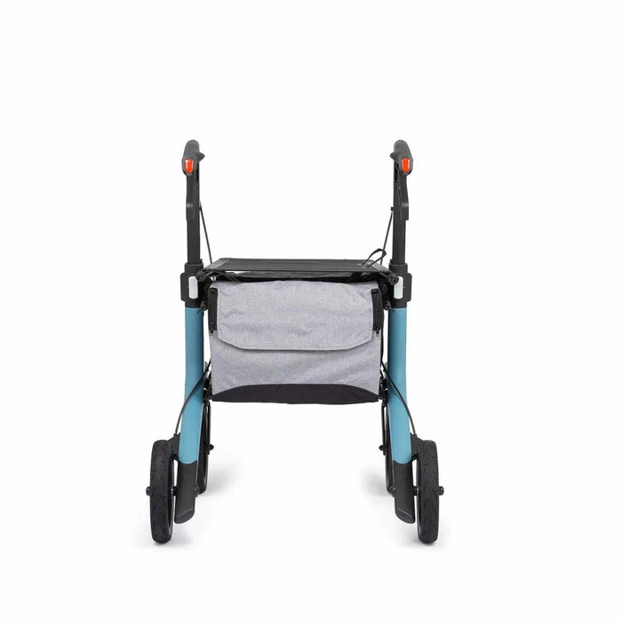 Rollz Flow Aluminum Walker In Ocean Blue Showing A Straight Rear View.