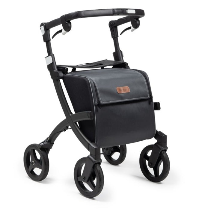 Rollz Matt Black Flex Lightweight Rollator Walker With Seat With Shopping Bag View