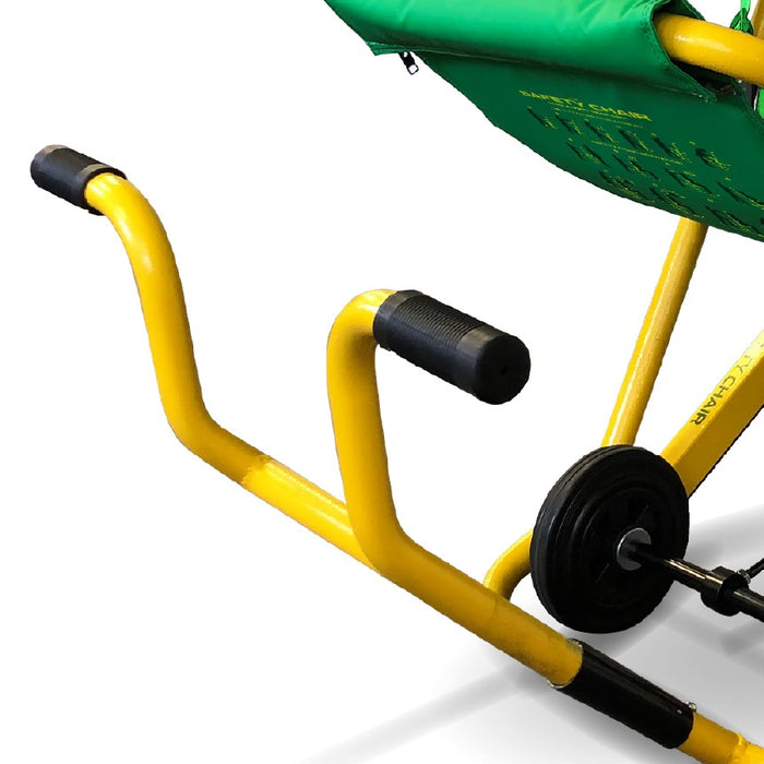 Green Safety Chair EV 7000 Bariatric Non Bariatric Emergency Evacuation Chair Adjustable Self Braking Tracks Front Handle Grip Detail Image