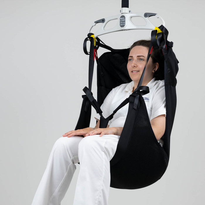 Savaria In-Situ Recline Sling With Head Support For Amputee Transfers With Pommel Strap In Diagonal View