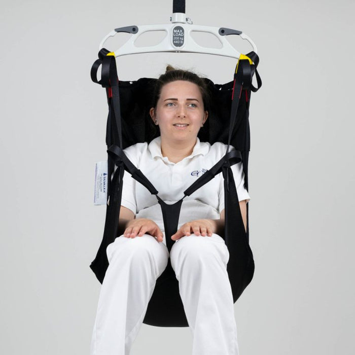 Savaria In-Situ Recline Sling With Head Support For Amputee Transfers With Pommel Strap In Front View