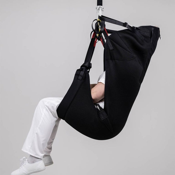 Savaria In-Situ Recline Sling With Head Support For Amputee Transfers With Pommel Strap In Side View