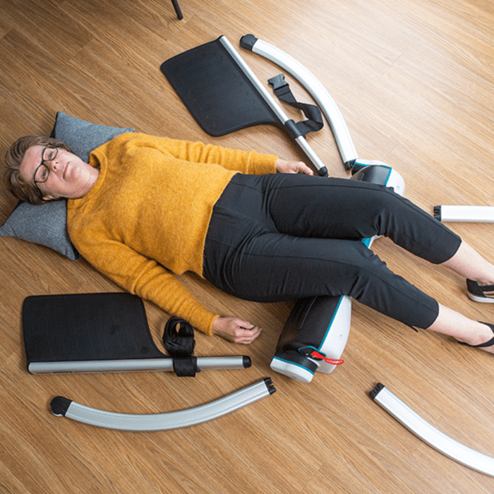 Savaria Raizer II Mobile Patient Lift Chair For Safe Fall Recovery And Caregiver Assistance Featuring Patient And Components On Floor