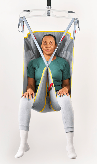 Savaria Universal Sling With Arched Head Support Full-Body Patient Lift Sling Featuring Adjustable Padded Head Support In Front View With Patient