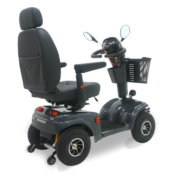 Back View Shoprider Expedition XL4 TE9 Grey 4-Wheel Mobility Scooter 350lb Capacity, Deluxe Captain’s Seat, Pneumatic Wheels, USB Charging and All-Terrain Comfort
