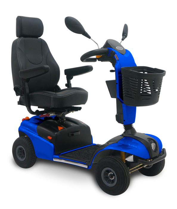 Side View Shoprider Explorer 888SLN Blue 4 Wheel Mobility Scooter 300lb Capacity, Deluxe Seat and All Terrain 10" Wheels
